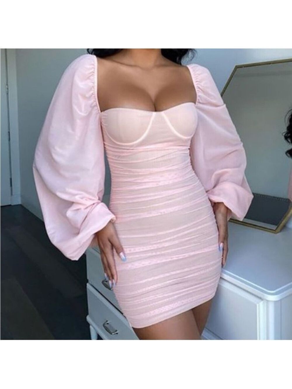 Oh Polly Feeling Good Long Puff Sleeve Ruched Mesh Mini Dress in Pink